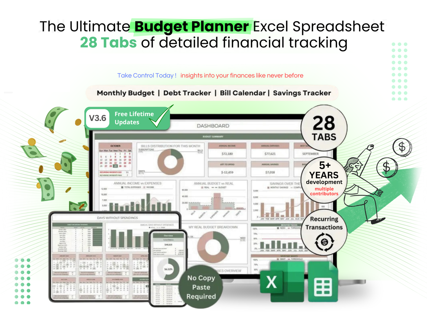 XLS Wiz Budget Planner Spreadsheet — Track Income, Expenses, Savings and Net Worth in Excel and Google Sheets
