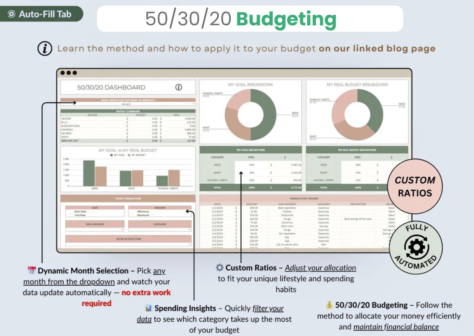 50/30/20 Budget Rule Dashboard — Needs, Wants and Savings Breakdown